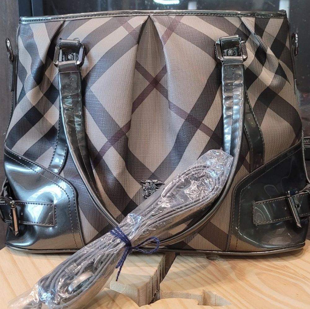 Burberry Smoke Check Silver Coated Shoulder Bag With Shoulder Strap